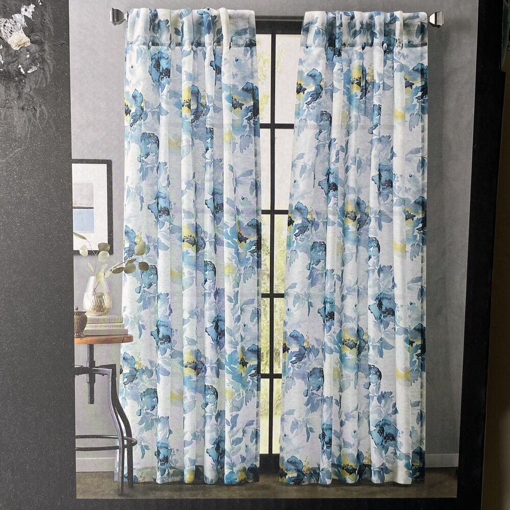 DKNY Aquarelle Window Curtains 2 Panels Inverted Pleat Blue Floral 32 x 108 NEW - Picture 3 of 6